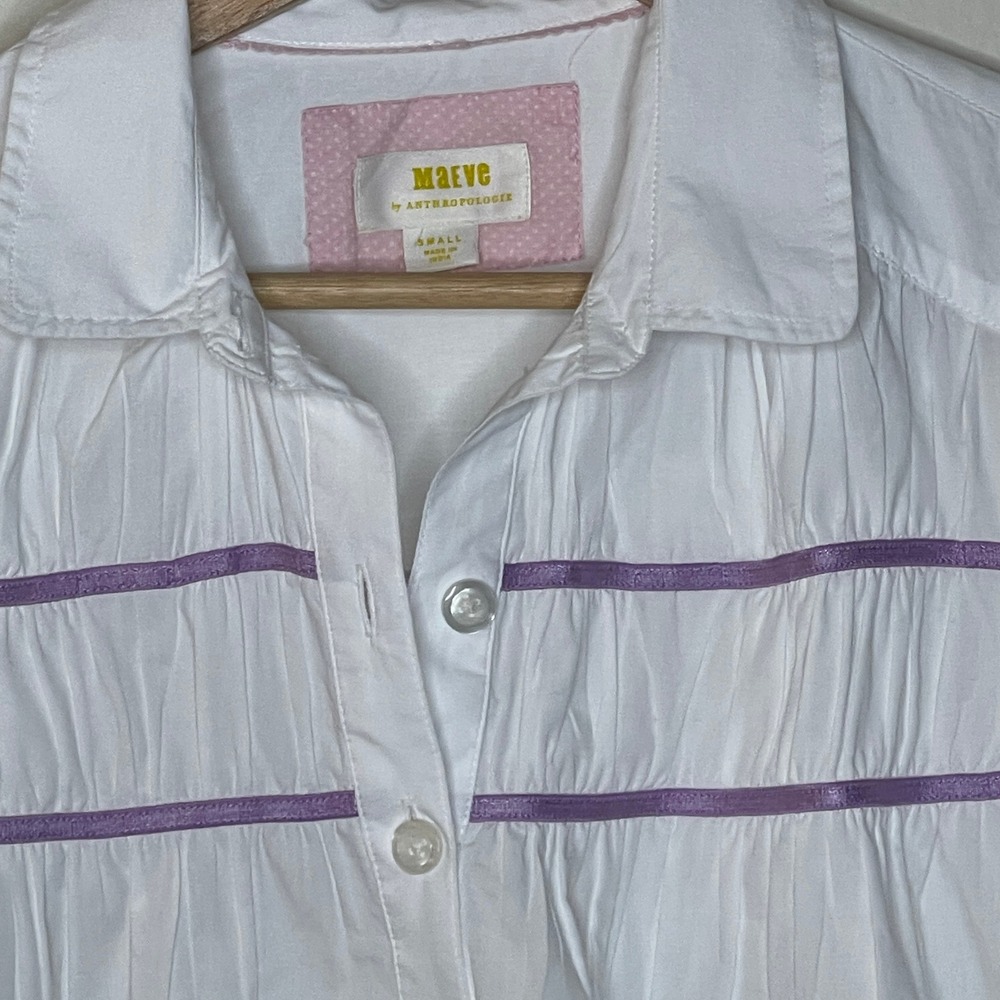 Maeve by Anthropologie White Puff Sleeve‎ Purple Ribbon Detail Size Small - Picture 3 of 6